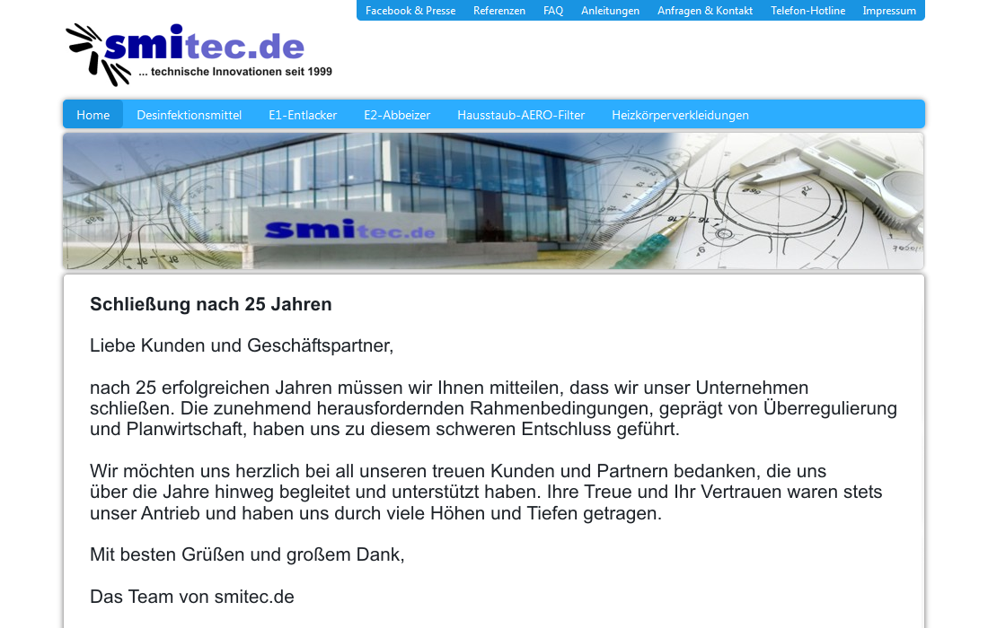 Unveränderter Screenshot der früheren Website smitec.de